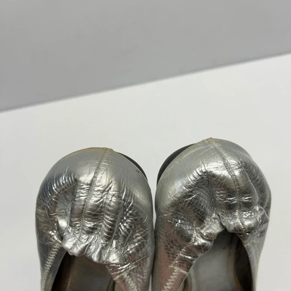 Tory Burch Reva Ballet Flats Silver Womens Size 7 Metallic Leather Logo Logo